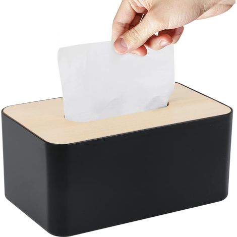 Caja de pañuelos de bambú con tapa, dispensador decorativo para baño, dormitorio, coche, negro