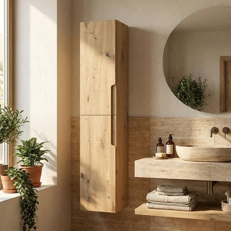 Colonna Bagno Sospesa 140 cm con 2 Ante Reversibili Chiusura Soft Close Rovere Africa – Gena