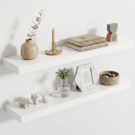 Étagère Murale en Bois, Version Extra résistante, Longueur 80 cm, Tablette Murale pour Salon, Salle de Bain, Chambre, Cuisine, Blanc, Lot de 2 (1/5)