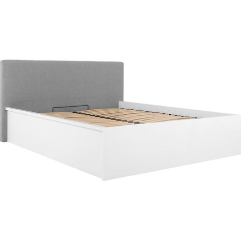 Lit coffre 140x200 avec tête de lit capitonnée ,coloris Blanc brillant/Textile gris - Longueur 209,5 x Profondeur 156 x Hauteur 95/40,5 cm (1/3)