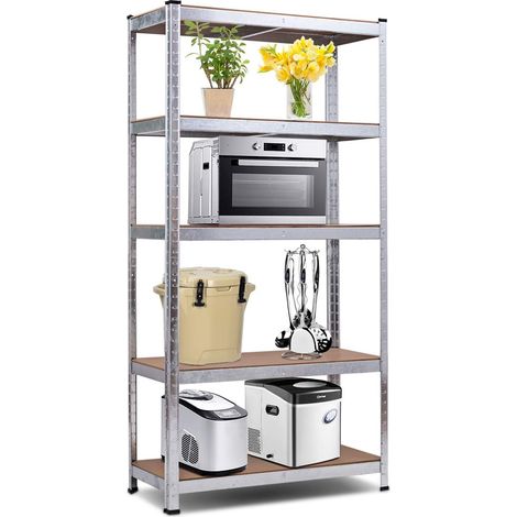 GOPLUS Etagere de Rangement a 5 Niveaux Reglable avec Cadre en Metal Galvanise, Rayonnage de Stockage Antiderapant pour Garage, Cuisine, Salon, Charge Max 875KG (175KG par Tablette), 90 x 40 x 180CM (1/5)