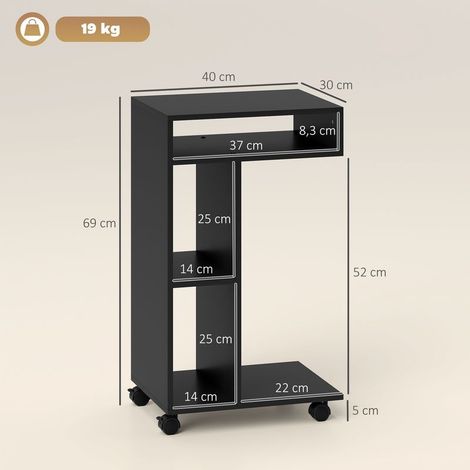 Table of auxiliary in shape of C, table of bedside to 4 shelves, casters, table low, table of living room, table for computer portable for living room/bedroom, 40 x 30 x 69 cm, black (1/4)