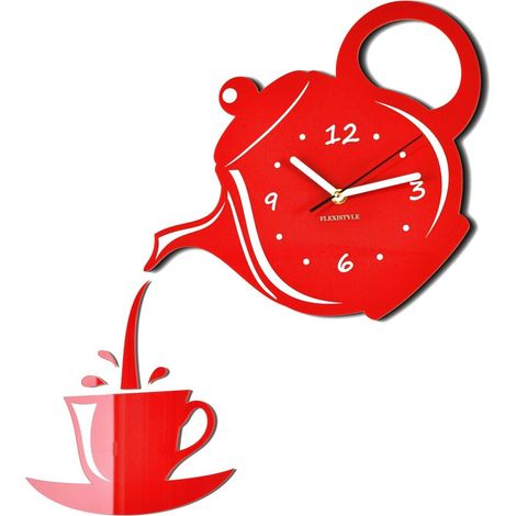 3D DIY Wanduhr, Kaffeetasse, Teekanne, Form, dekorative Dekoration, Wanduhr, Wohnzimmerdekoration für Zuhause, Büro, Dekoration, Geschenk, Dekoration, Wand (Schwarz) (Rot) (1/5)