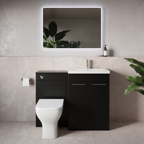 Napoli 390 Matt Black 1100mm 2 Door Vanity Unit Toilet Suite with Glide Basin - 1100mm - Chrome 160mm HandleWith Kingston Toilet Pan and Seat