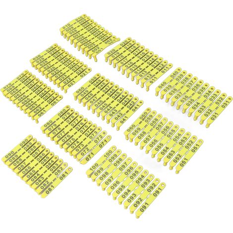 100 nummerierte, farbechte Ohrmarken aus Kunststoff (001-100) für Rinder, Schafe, Schweine und Ziegen (1/5)