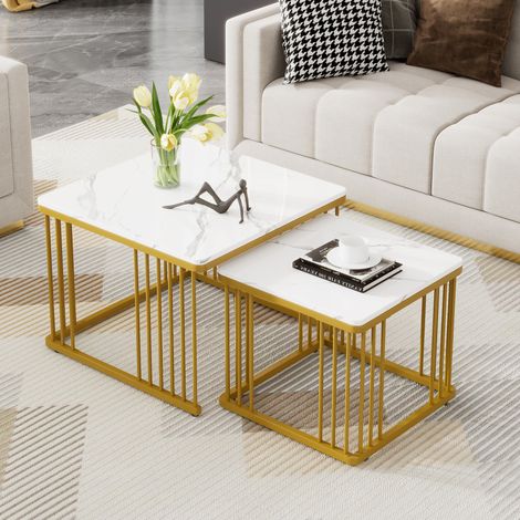 Mesa de centro juego de 2 MDF blanco efecto mármol brillante, cuadrada y encajable 60 cm (1/5)