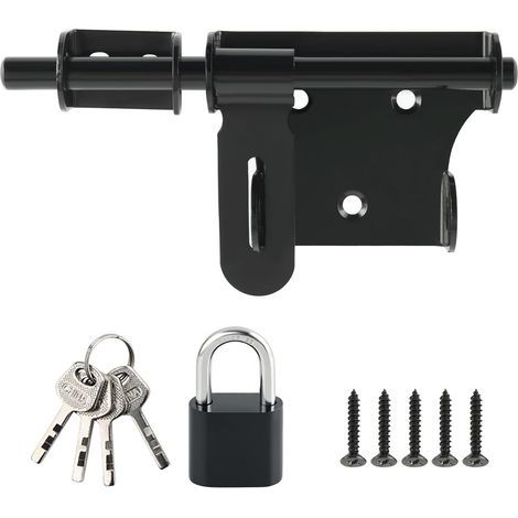 Verrou Porte Exterieur/Interieure avec Cadenas, Loquet Porte Coulissante en Acier Inoxydable pour Fenêtre, Placard et Jardin, Finition Noire Mate, Barre de 150MM, EMS350B-SET (1/5)