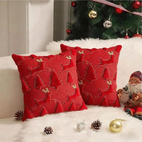 Lot de 2 Housses de Coussin Noël 45x45cm Doux Courte Velours Coussin Canape 3D Motif Arbre de Noël et élan Oreiller Housse,Rouge A (1/4)