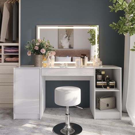 Coiffeuse Sherry, blanc/blanc brillant, 158.2cm avec miroir LED et tabouret, Vicco (1/5)
