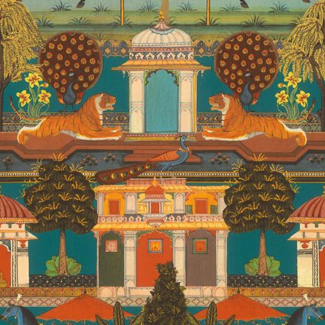 Indian Palace Tiger Peacock Vinyl Wallpaper Teal Orange Ornate Feature Wall