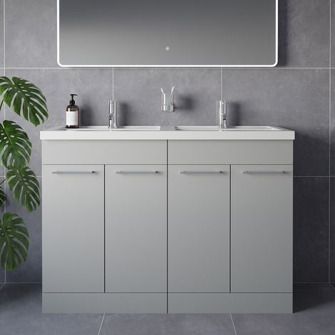 Napoli 390 Gloss Grey Pearl 1200mm 4 Door Vanity Unit with Double Lucia Basins - 1200mm - Chrome 160mm Handle