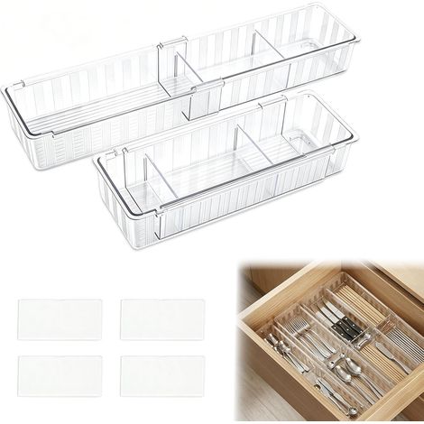 2 Pièces Organisateur Tiroir Salle de Bain, Organisateur Tiroir Rétractable, Boite Rangement Plastique avec 4 Séparateurs Amovibles Rangement Tiroir pour Coiffeuse (1/5)