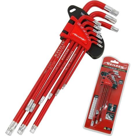 Neilsen 9pc Long Arm Offset Star Torx Allen Key Wrench Set T10 - T50 Keys