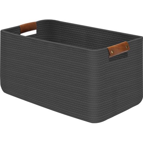 Grand panier à linge pliable en corde de coton 63L gris avec poignées en cuir (1/5)