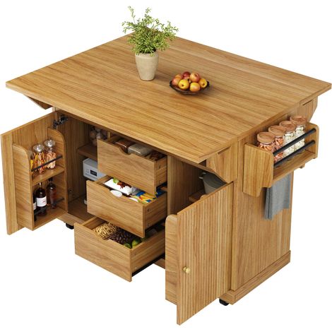 Îlot de cuisine mobile extensible en MDF et métal marron foncé, plan de travail 142,5 x 80 x 95 cm, roulettes avec freins (1/5)
