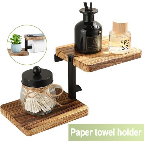 Porte-papier toilette mural en bois carbonisé – Tablette intégrée – Capacité 5 kg – Fixation à vis pour stabilité – Salle de bain et cuisine (1/5)