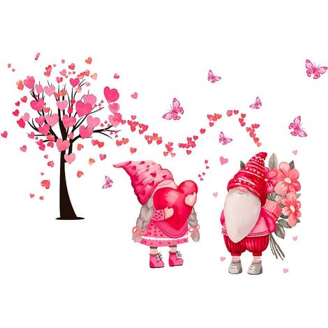 Pinkfarbene Wandaufkleber mit Schmetterlings- und Blumenmotiven, 2er-Set, inklusive herzförmigem Gnome-Aufkleber für Wohnzimmer und Schlafzimmer zum Valentinstag