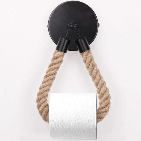 Porte-serviettes en corde naturelle chanvre, dérouleur papier toilette mural, distributeur rouleau essuie-tout, accessoire salle de bain et cuisine, noir, 1 pièce (1/4)