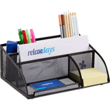 Relaxdays Organiseur de bureau porte-stylos porte-lettres porte bloc-notes maille métal 5 compartiments, noir