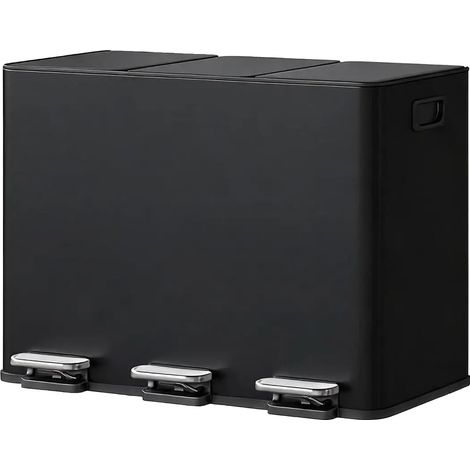 Contenedor de reciclaje de 3 compartimentos, apertura manos libres, color negro. (1/2)