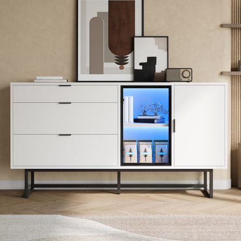 Buffet Vitrine Moderne - 160x36x78 cm - Cabinet de Rangement avec LED, 2 Portes et 3 Tiroirs - Blanc Mat et Métal Noir (1/5)
