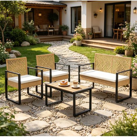 Salon de jardin 112x79x59 cm en métal et rotin PE, naturel, modulable pour terrasse – MEUBLIV (1/5)