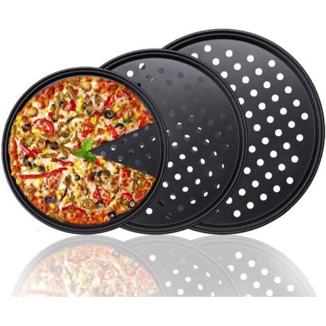 BUNTHAUS Pizza-Backform-Set mit 3 antihaftbeschichteten runden Pizza-Backformen mit perforierten Löchern, 24 cm, 28 cm, 32 cm, Kohlenstoffstahl, für Zuhause, Küche und Ofen (3 Stück) (1/5)