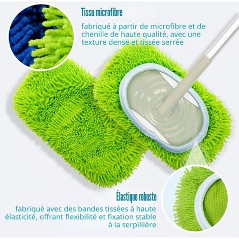 Lingette Microfibre Serpillere Plat Très Absorbant, 3 Tampon Balai Serpillère Réutilisable, Housse pour Balai Chenille, Chiffons (1/2)