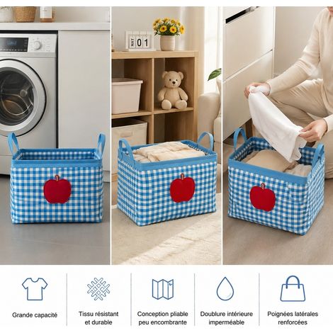 Panier à Linge Pliable Motif Pomme à Carreaux Bordure Bleue 35,7 x 24,5 x 23 cm (1/5)