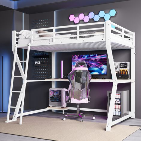 Cama alta 90x200 cm blanca de metal y MDF con escritorio, luz LED y tomas USB (1/5)
