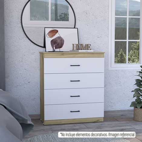 Comò a 4 cassetti Eter con maniglie metalliche, disponibile in Duna e Bianco (1/4)