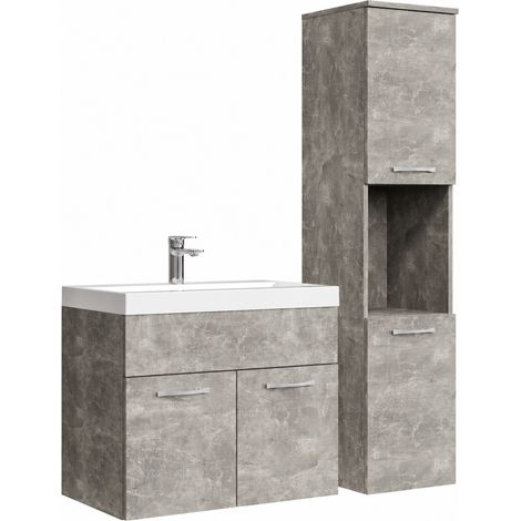 Badplaats – Ensemble de meubles de salle de bain suspendu 60 cm – Meuble vasque avec 2 portes battantes – Vasque en résine blanche – Miroir et colonne inclus