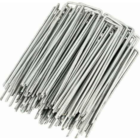Confezione da 100 picchetti di fissaggio in acciaio inox zincato, altezza 150 mm, lunghezza 25 mm, diametro 2,9 mm.