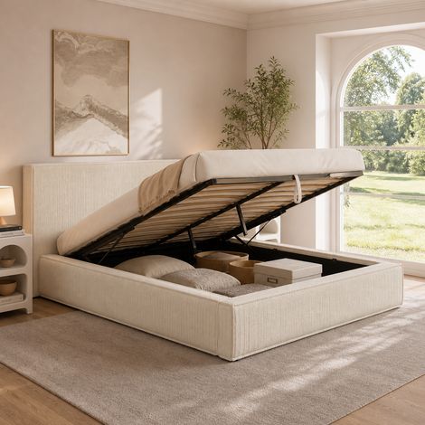 Cama de matrimonio JADE con somier de pana beige de 140 x 190 cm