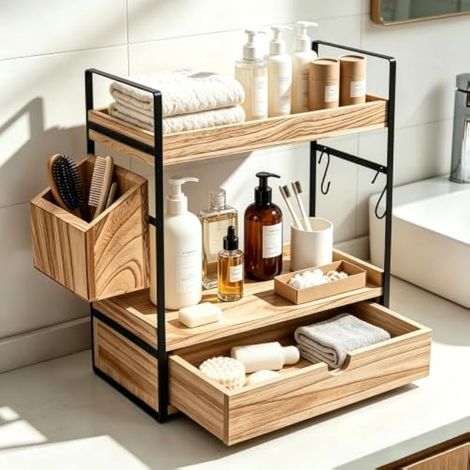Organisateur de Salle de Bain 2 Niveaux, Étagère de Rangement en Bois et Métal avec Panier Latéral, Support Multifonction pour Cuisine, Bureau, Chambre, Range-Cosmétiques, Épices, Café, Thé (1/5)