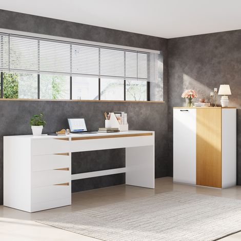 Conjunto de escritorio 140x50 cm MDF blanco y roble, armario independiente – MEUBLIV (1/5)