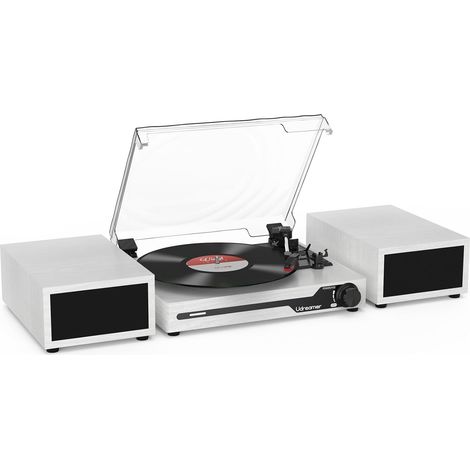 Platine Vinyle avec 2 Haut-parleurs Stéréo Doubles, Vintage Tourne-disqu Bluetooth 5.3 Prend en Charge 3 Vitesses, Entrée Auxiliaire, Ligne RCA, USB,Lecture sans Fil, Blanc (1/5)