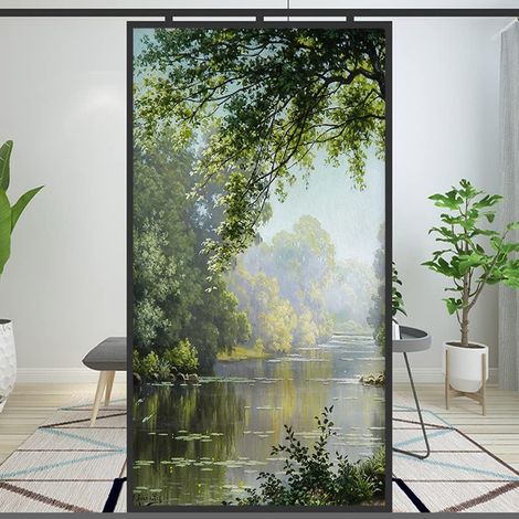 Film pour fenêtre, effet givré décoratif paysage forestier, peinture à l'huile, autocollant statique en verre sans colle (A, 42x120 cm (16,5"x47,2"))