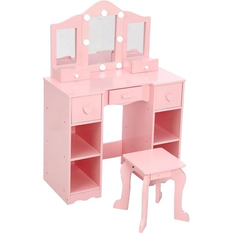 Coiffeuse rose pour filles 3-6 ans avec tabouret, miroir LED 3 modes et 5 tiroirs 70 x 34 x 100 cm (1/5)