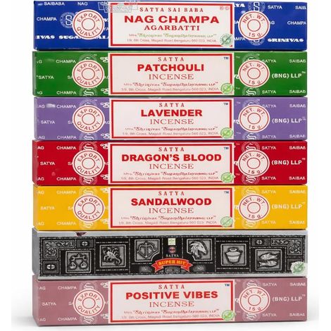 Coffret Encens Bâtons Satya Nag Champa Super Hit Bois de Santal Patchouli Sang de Dragon Lavande Positive Vibes 15g Lot de 7 Parfums 84 Bâtons Décoration Maison (1/5)