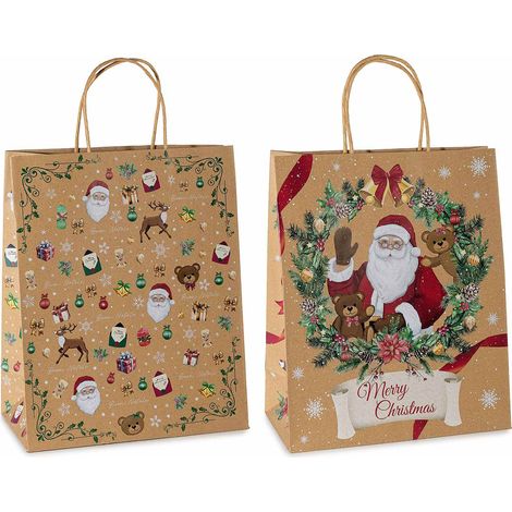 Grands sachets en papier kraft imprimé Noël avec anses, lot de 30, 26,5 x 13 x H. 32,5 cm