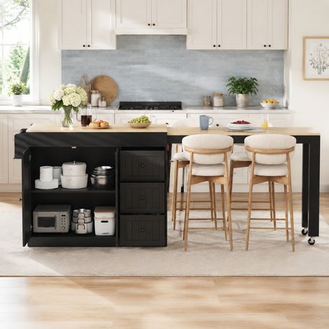 Isola cucina mobile estensibile con 3 cassetti, armadietto, portacondimenti e ruote, nero DESVIAE (1/5)