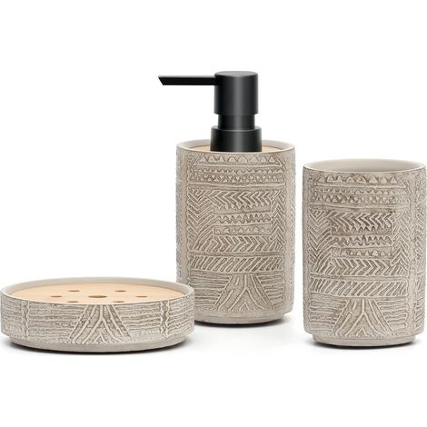 Lot de 3 accessoires de salle de bain rétro avec motif en relief - Avec distributeur de savon, porte-savon et porte-brosse à dents - Gris laqué (1/5)