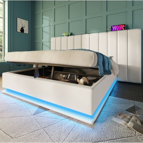 Cama tapizada 160/200 cm blanca de PU con almacenaje hidráulico, LED y USB-C (1/5)