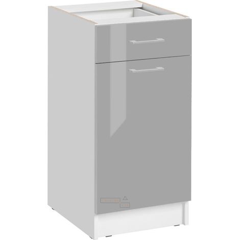 Cuisineandcie – Meuble bas de cuisine gris brillant 1 porte 1 tiroir L 40 cm – Amortisseurs pour fermeture douce – Façade brillante pour un style moderne (1/5)