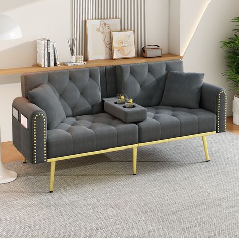 Canapé convertible 2 places gris en velours, dossier 3 positions, porte-gobelet HAVRYA (1/5)