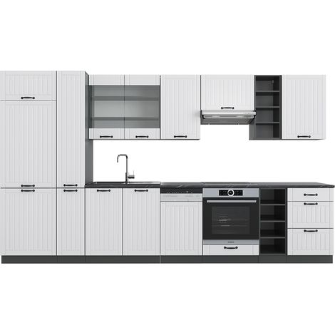 Cucina componibile Fame-Line, Bianco rustico/antracite, 355 cm con armadio alto, senza piano di lavoro, Vicco