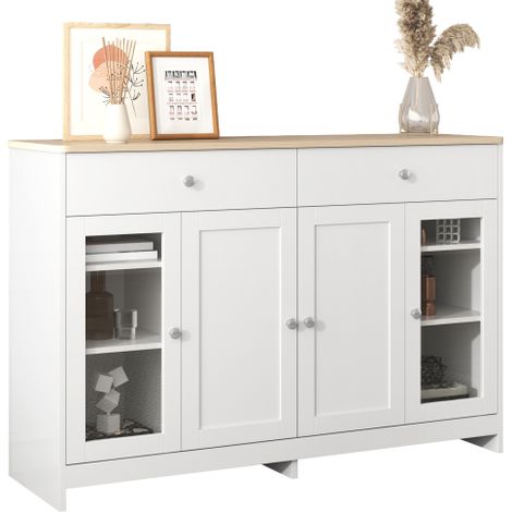 Aparador con vetas de madera blanca, cuatro puertas, dos cajones, una puerta con cristal. Ideal para salón o comedor. Color madera y blanco. (1/5)