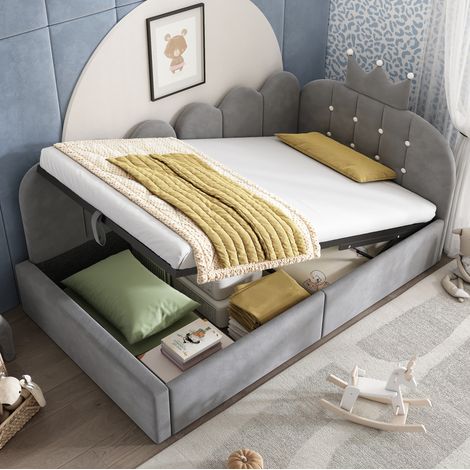 lit adulte rangement 90x200 velours gris couronne design OKMYHOME (1/5)