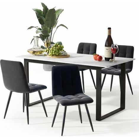 ELVMI Conjunto Mesa y Sillas con 1 Mesa Plegable y 4 Sillas, para Comedor, MDF y Terciopelo, Blanco (1/5)